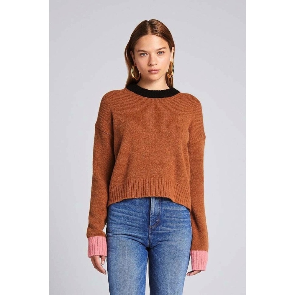 ALC Brown Alpaca Blend Colorblock Sweater Pink Cuffs Black Crew Neck size Small